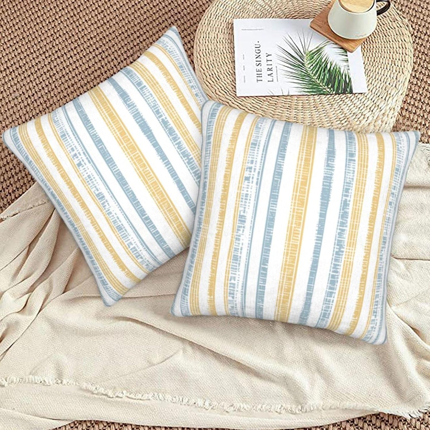 Throw Pillow Covers Outdoor Decorative Pillow / 18 x 18 / Boho Light Blue Yellow Striped / Set of 2