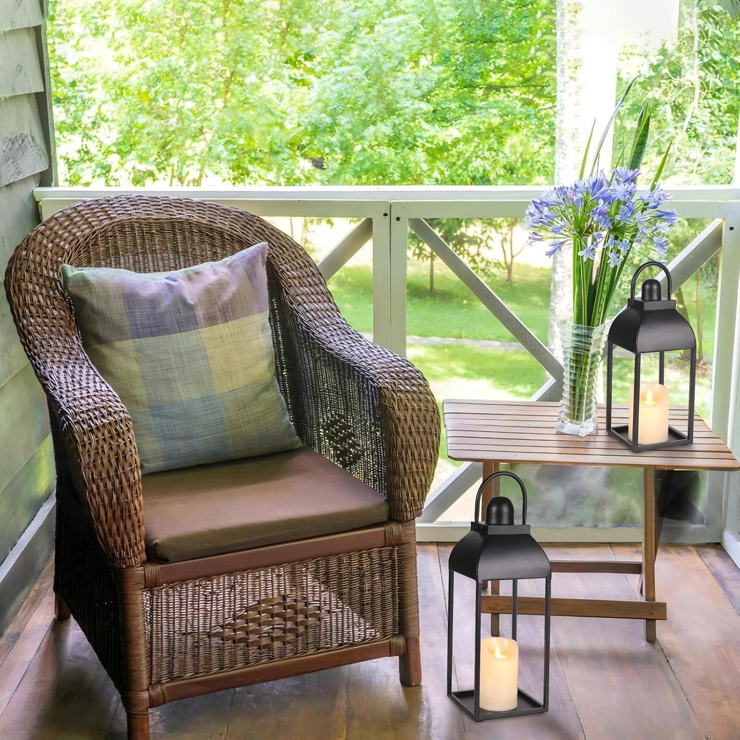 Lanterns Decorative Outdoor Indoor, 17'' 13'' Black Metal Outdoor Lanterns | Set of 2 Modern Farmhouse Candle Lantern