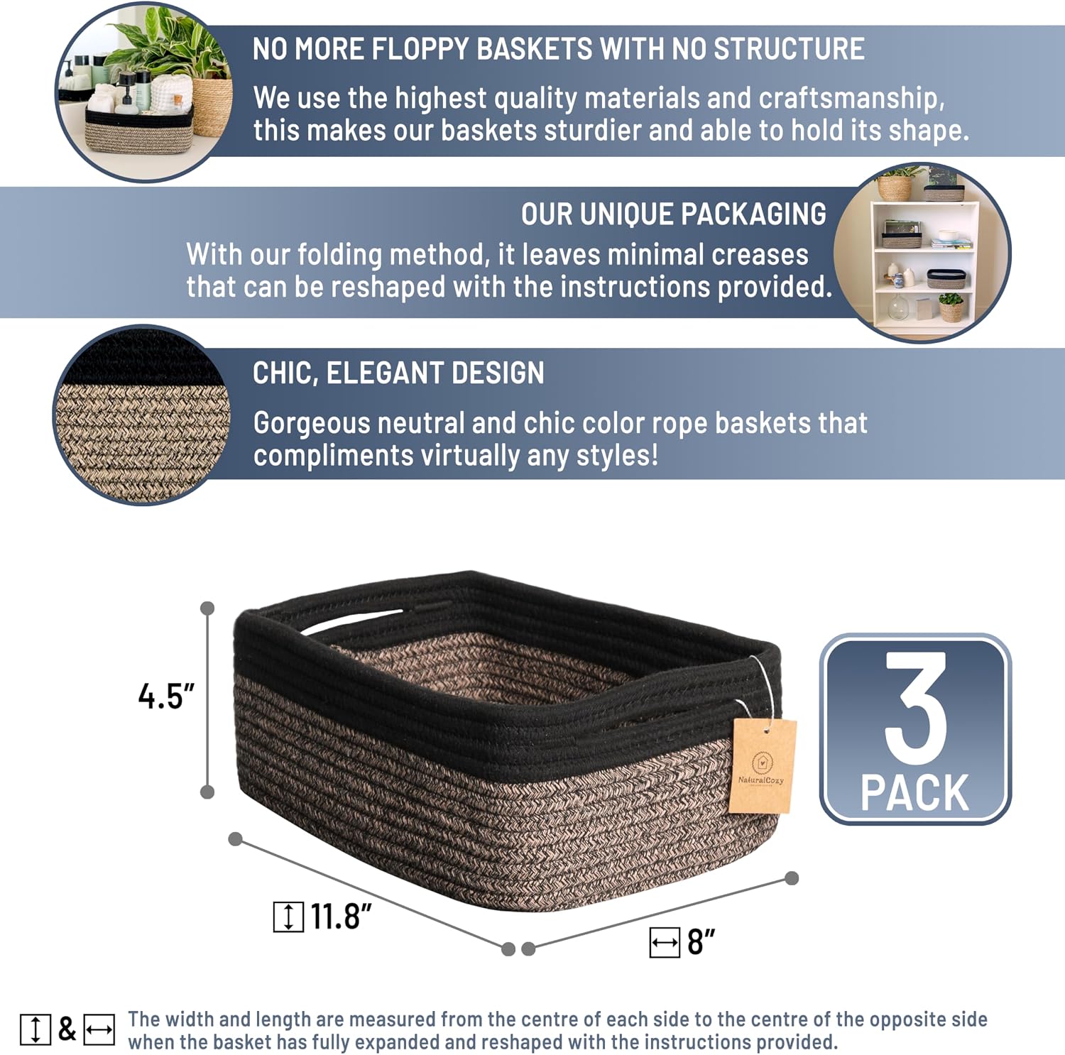 Cotton Rope Woven Small Baskets for Organizing / Black & Mixed Black / 11.8 x 8 x 4.5 / Set of 3