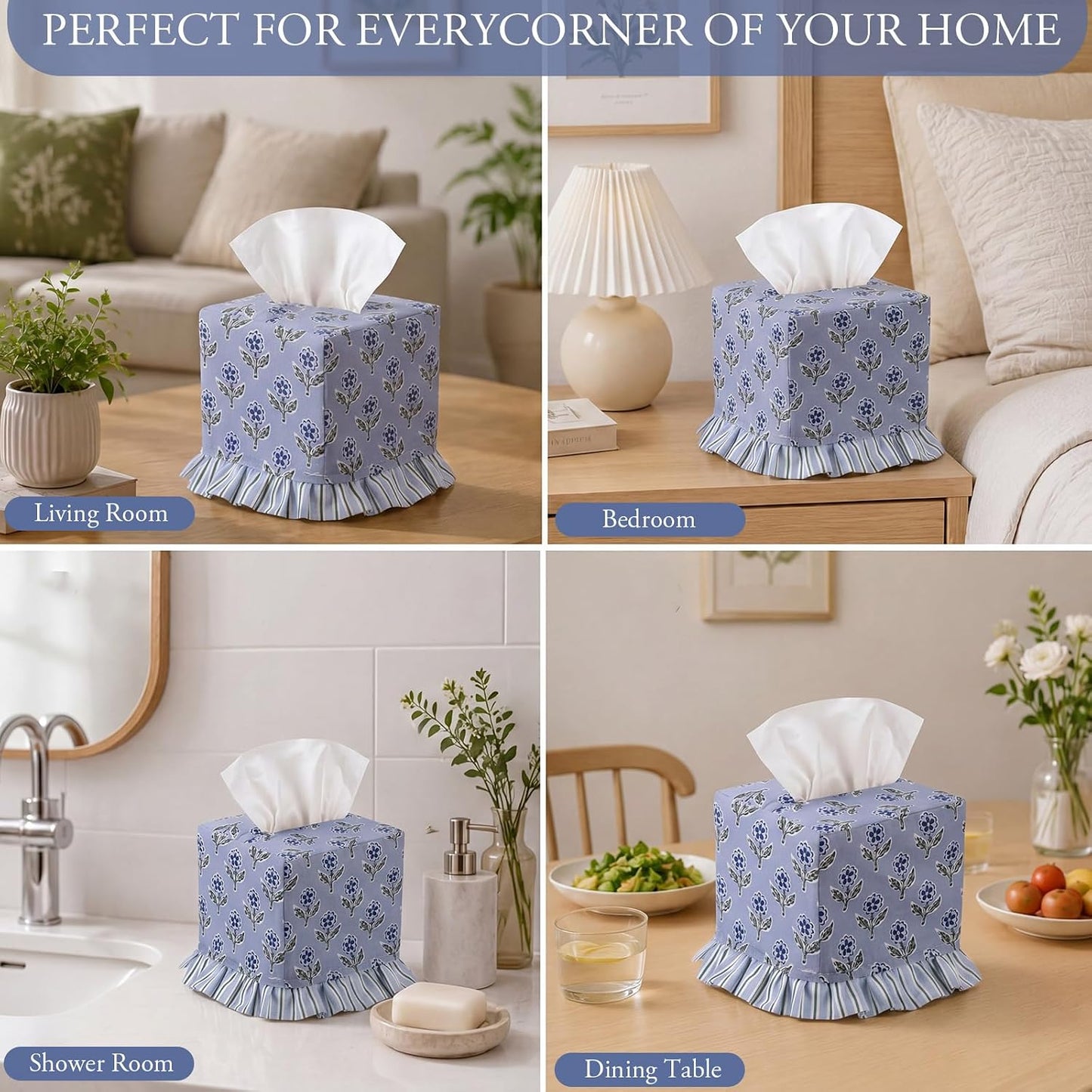 Apatite Floral Ruffle Tissue Box Cover Block Printed Cotton Fabric Napkin Holder Square Boho / Blue