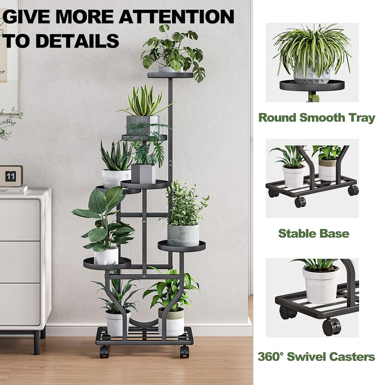 Plant Stand with Wheels, Black 6 Tier Metal Plant Shelf for Indoor Outdoor | Corner Plants Stand Indoor for Bedroom