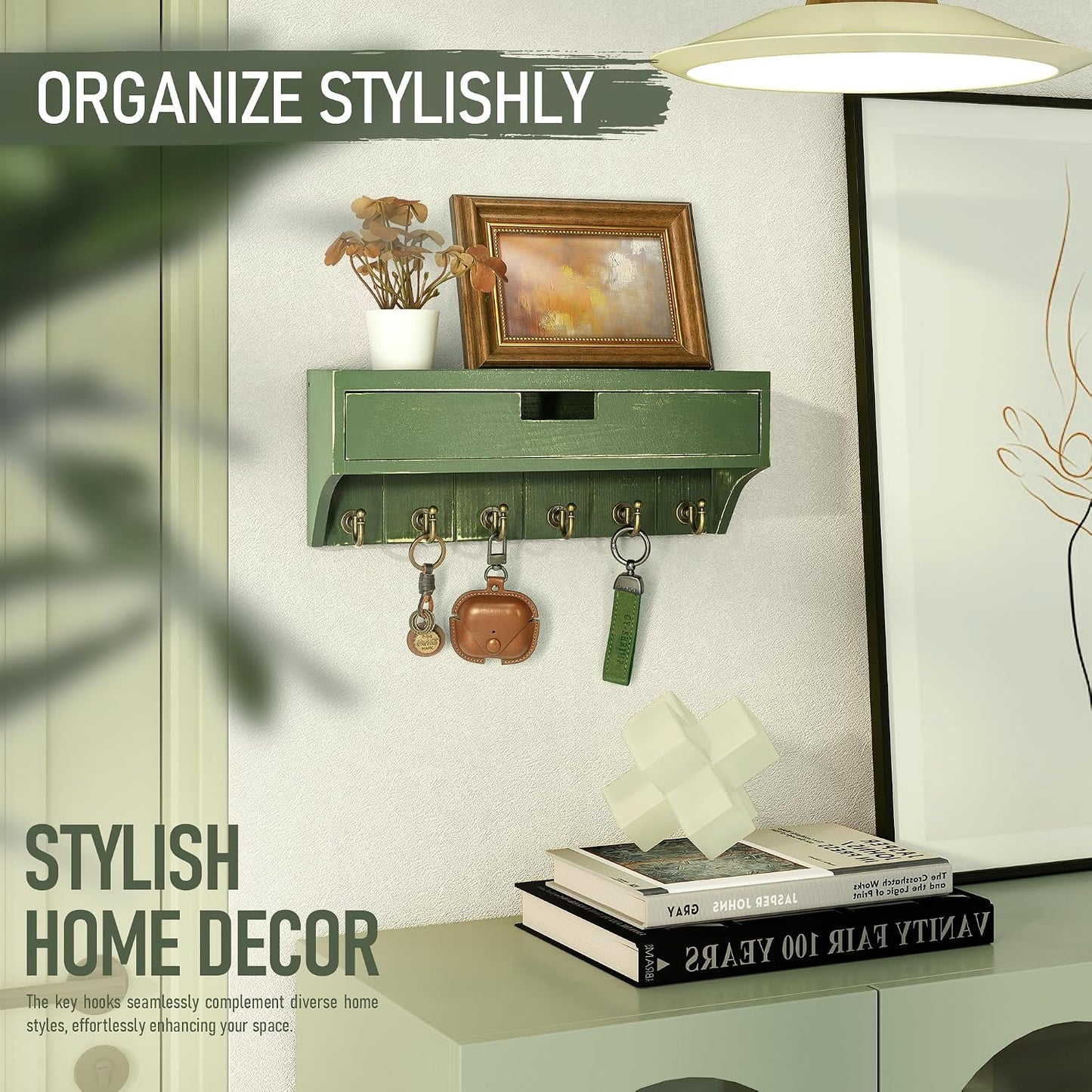 Pine Wood Key Holder Wall Mount / Green / 1-drawer