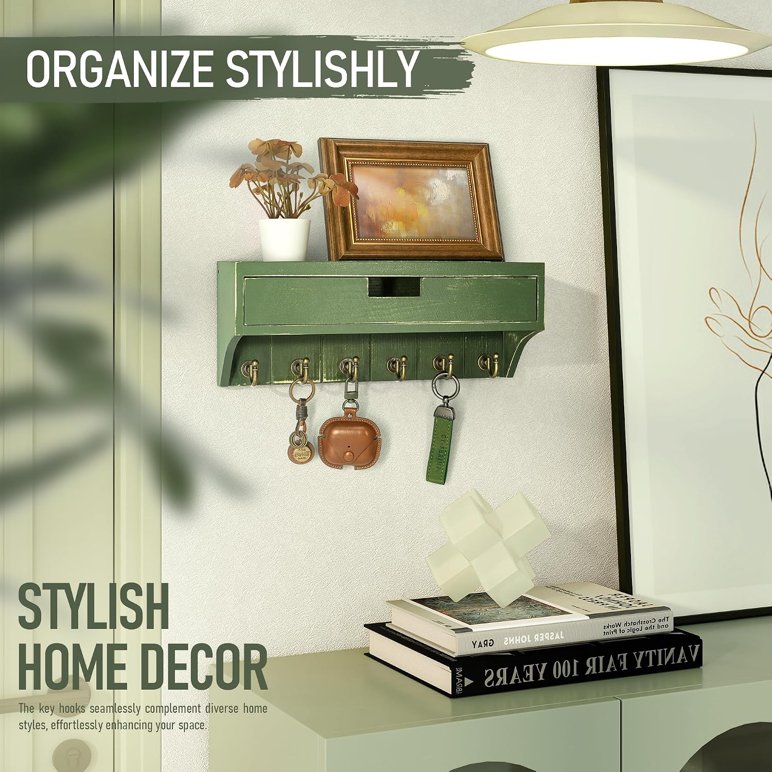 Pine Wood Key Holder Wall Mount / Green / 1-drawer