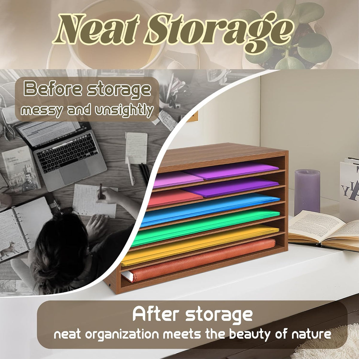 Construction Paper Organizer 20" x 13.5" x12.2",Soild Wooden Paper Organizer with 6-Tier Letter Trays, Desktop File