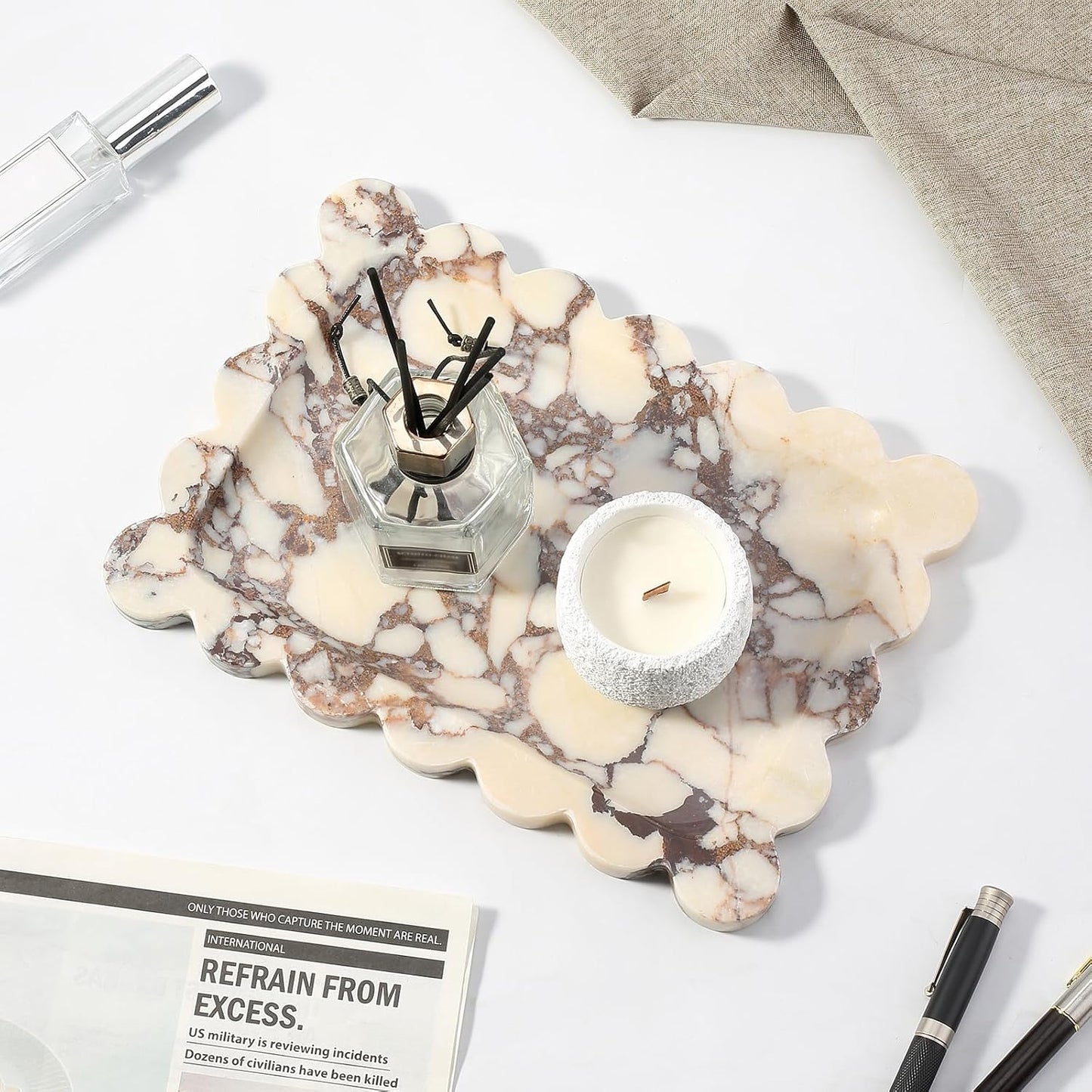 Scalloped Marble Vanity Tray for Countertop Bathroom Kitchen / Calacatta / 11 x 7.9 x 0.7