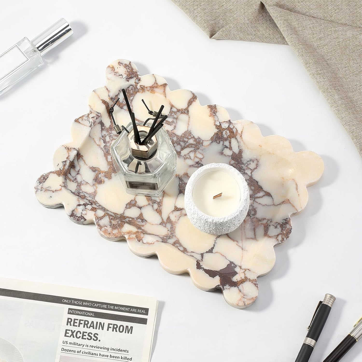 Scalloped Marble Vanity Tray for Countertop Bathroom Kitchen / Calacatta / 11 x 7.9 x 0.7