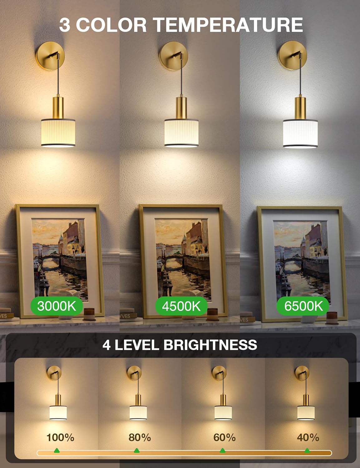 Battery Operated Wall Sconce Set of 2, Black Gold & Off-White Wireless Rechargeable Wall Lights with 5200mAh Dimmable