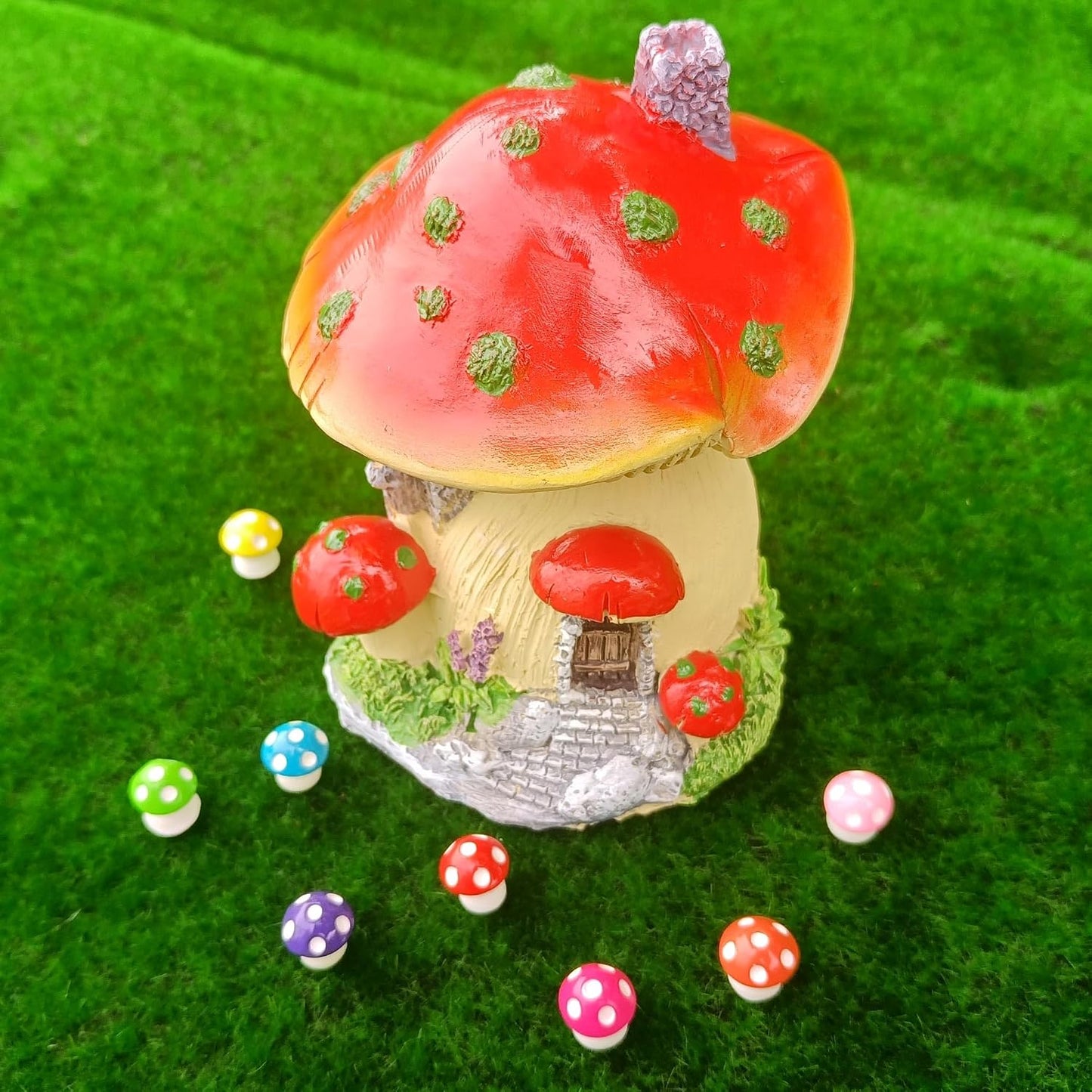 Resin Miniature Mini Mushroom House and Tiny Mushrooms Figurines / Red