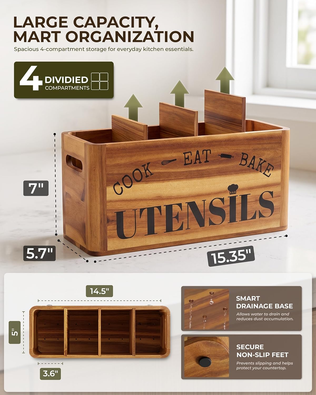 INSAGO Extra Large Acacia Wooden Kitchen Utensil Holder for Countertop | 4 Compartments Sturdy Utensil Holder
