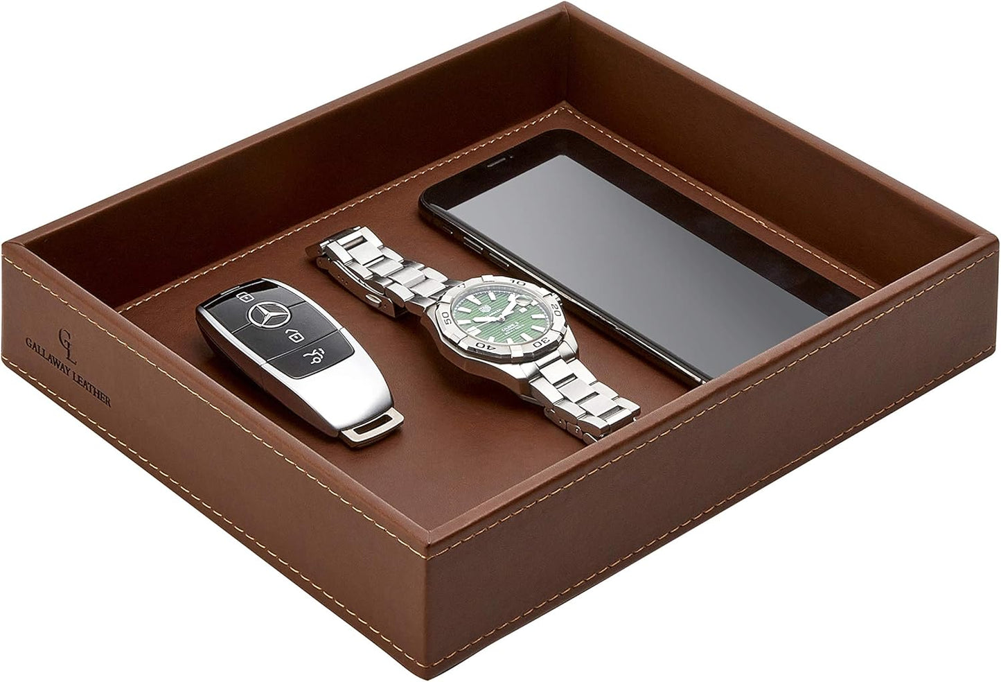 GALLAWAY Leather Valet Tray for Men - Nightstand Organizer EDC Tray for Wallet and Keys - Bedside Dresser Catch All