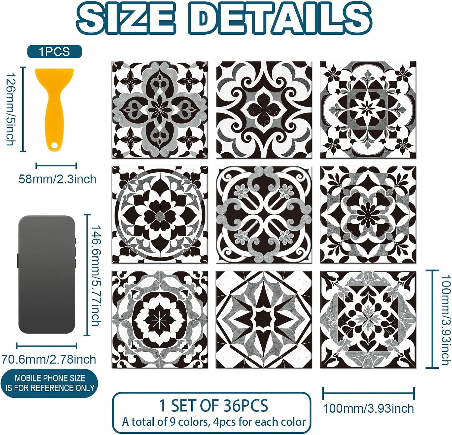 9 Style Wall Tile Stickers / Black Gray Pattern / 4 x 4 / Set of 36