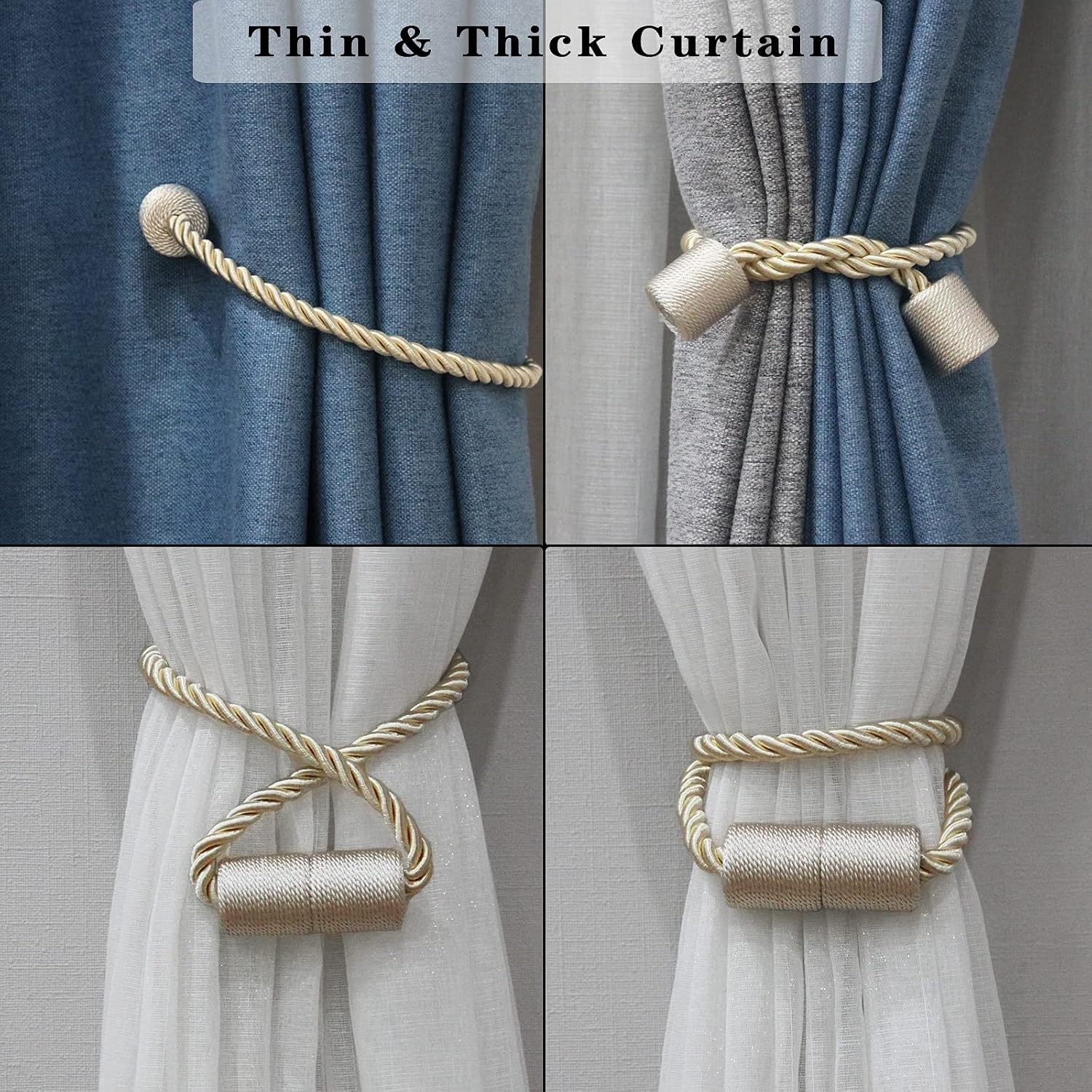 6 Pack Beige Strong Magnetic Curtain Tiebacks Outdoor Elegant Decorative Tie Backs Modern Rope Tiebacks for Drapes