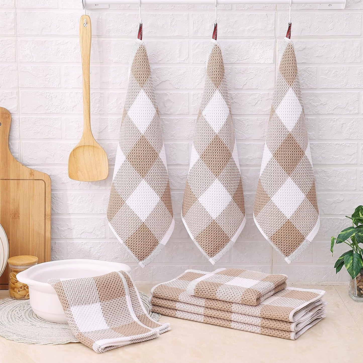 Homaxy Kitchen Towels and Dishcloths Set, Set of 12, White & Khaki | Bulk Cotton Waffle Weave Check Plaid Kitchen