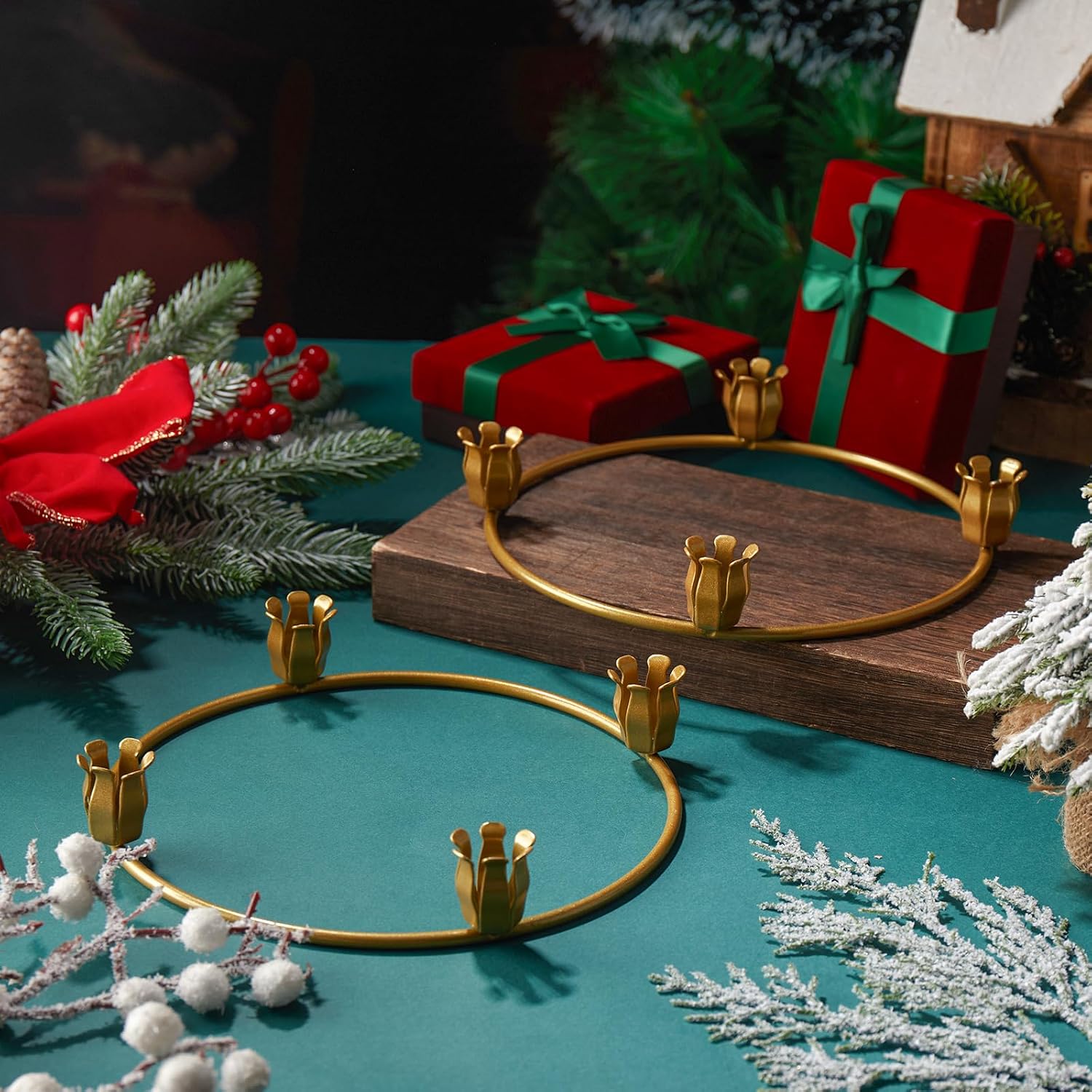 Thyle 12 Pcs Metal Christmas Advent Wreath Rings Bulk Gold Advent Wreath Candle Holder Xmas DIY Taper Candle Rings