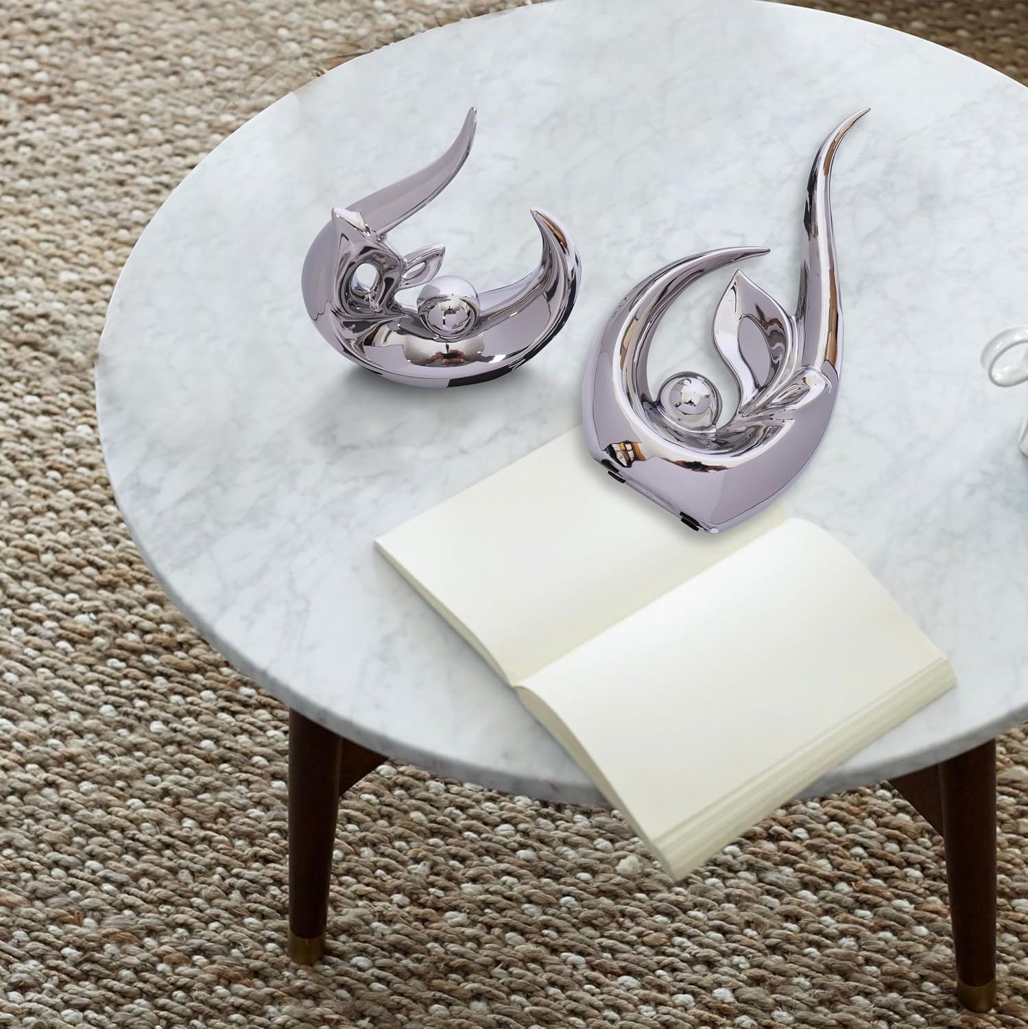 Decor Accent Ceramic Statue Abstract Sculptures Centerpieces Mid Century Modern / Silver / Set of 2