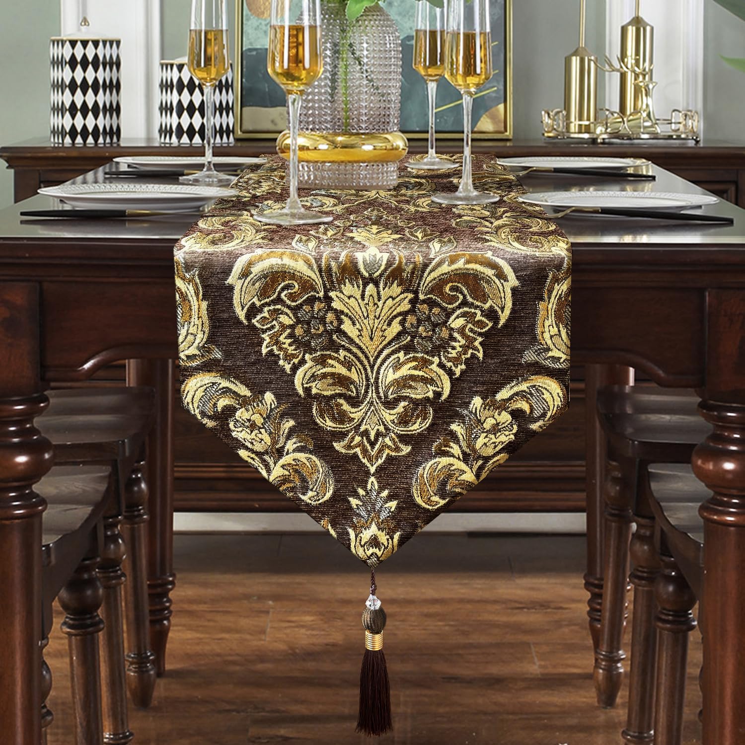 108" Table Runner Dark Brown French Baroque Gold Floral Vintage Tablecloth | for Christmas Dining Table,Dresser,Banquet