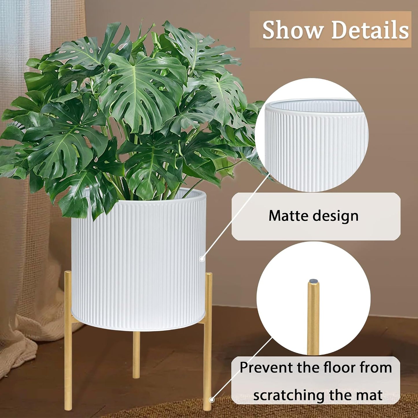 ARNIS Modern Planter Pots, Set of 2 Round Large Planters with Stand, Decorative Floor Planters, Metal Pots with