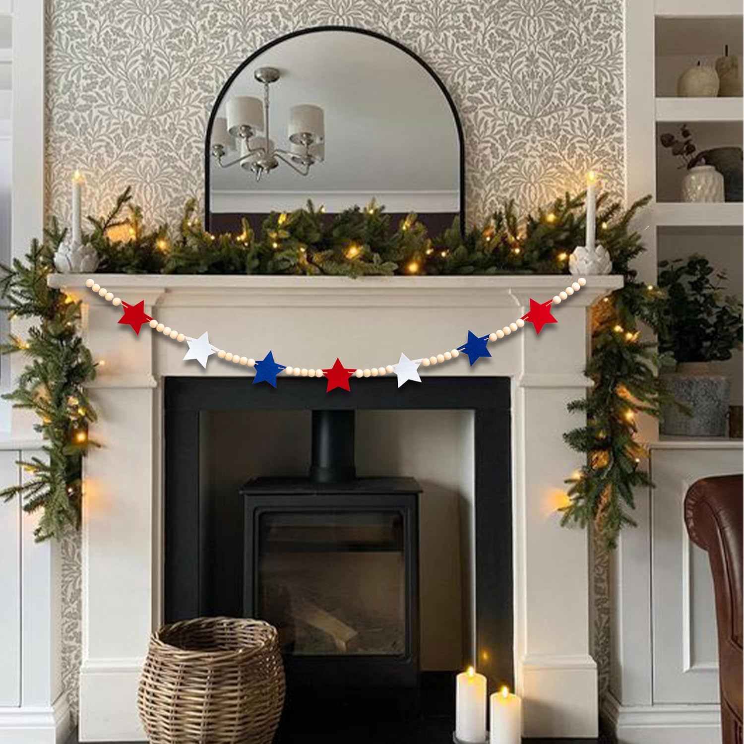 Wood Bead Garland for Mantel Red White Blue Felt Stars / 4th July Banner Red