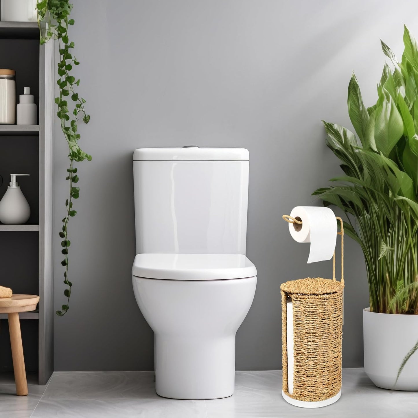 Freestanding Wicker Toilet Paper Holder with Lid, 3 Rolls of Toilet Tissue Storage, Rattan Handmade Woven Toilet Paper