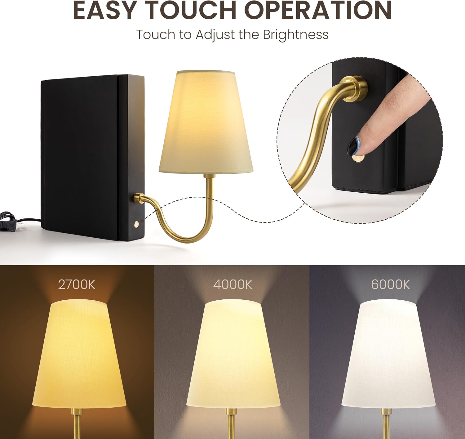 Solid Wood Bookshelf Lamp with Bulb, 3-Color Touch Control Dimmable Table Lamp with Linen Shade, Modern Decorative