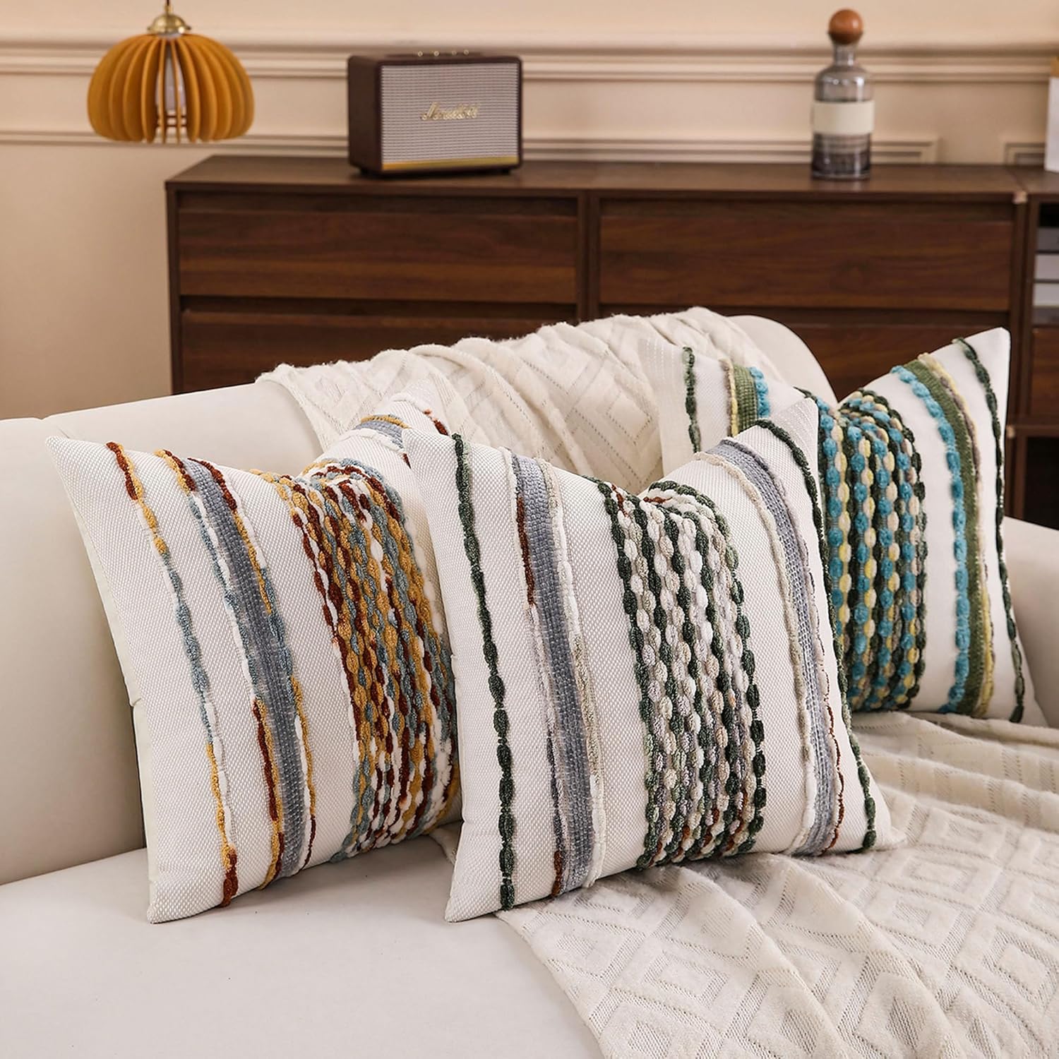 Boho Striped Throw Pillow Covers Farmhouse Decorative Pillow / Brown White / 18 x 18 / Set of 2