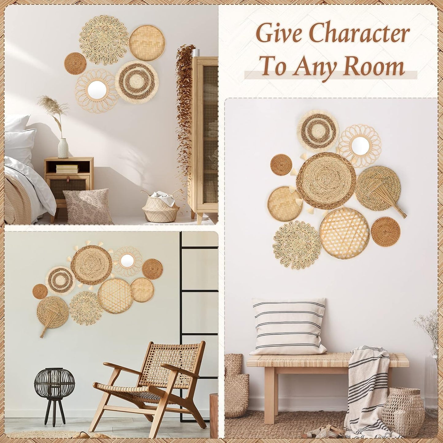 Boho Wall Basket Decor Woven Wicker Wall Baskets Hanging Round Rattan Basket Art Flat / Set of 9