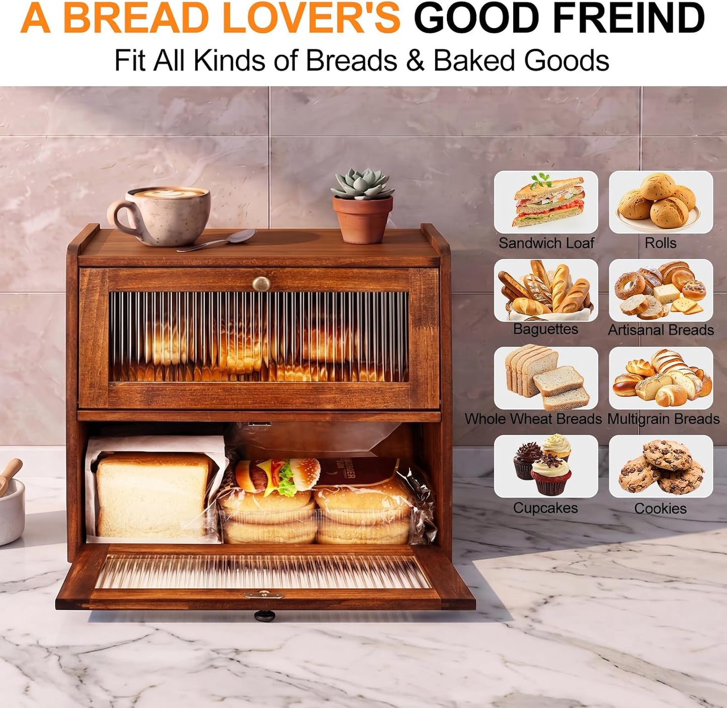 Alpeir Wooden Bread Box for Kitchen Countertop, Large Double Layer, Brown | Food-Safe Pine Wood, Double-Row