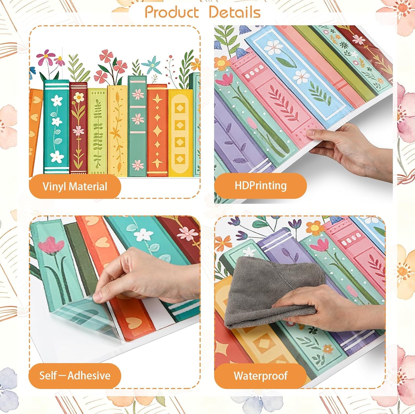 2 Sheet Spring Bookshelf Wall Decals Wildflower Books Reading Corner Stickers / Flower Bookshelf