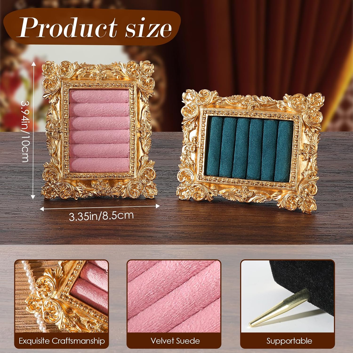 Vintage Ring Holder Rectangle Gold Velvet Display Stand / Mpf05-gold Pink
