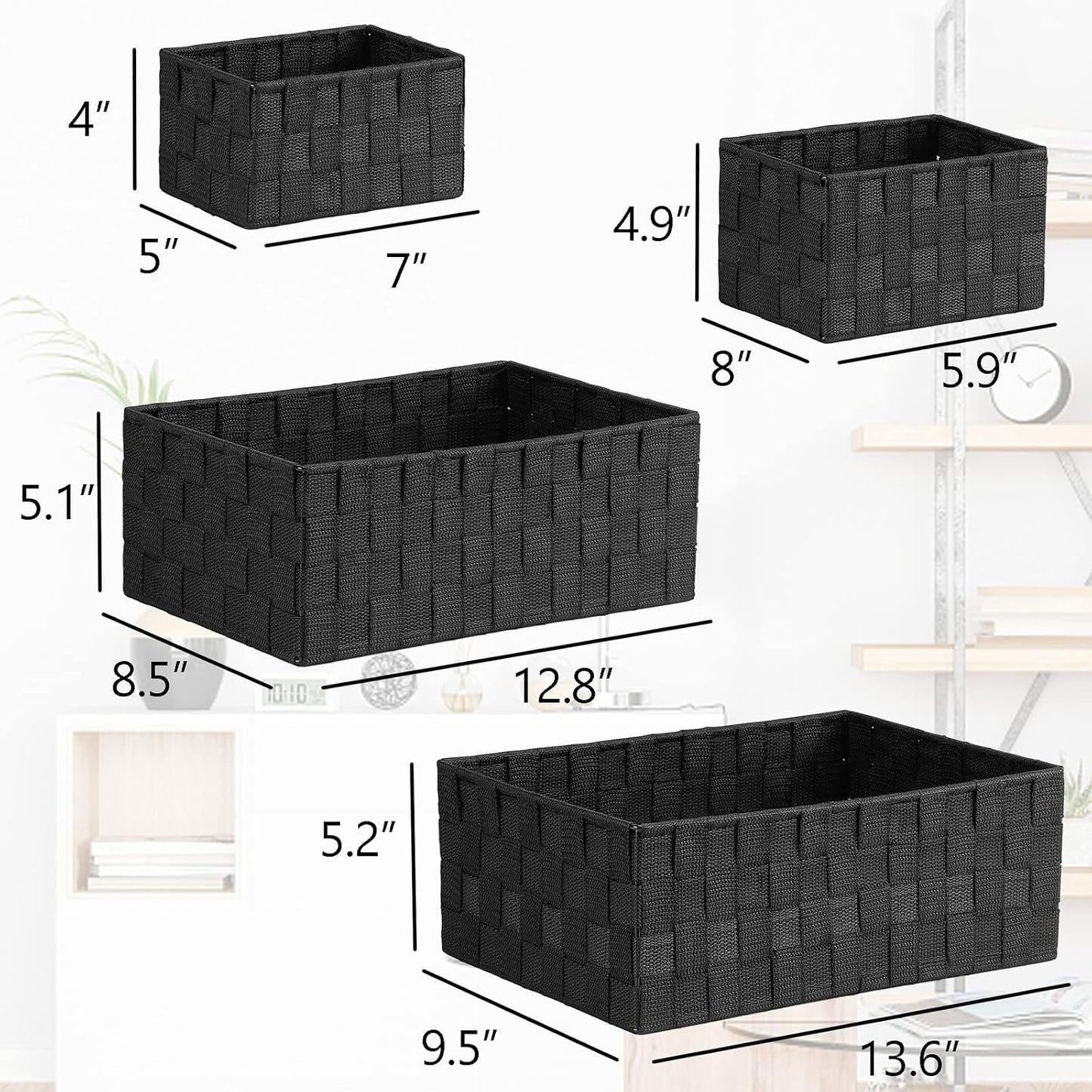 Woven Storage Baskets for Organizing / Black / Set of 6