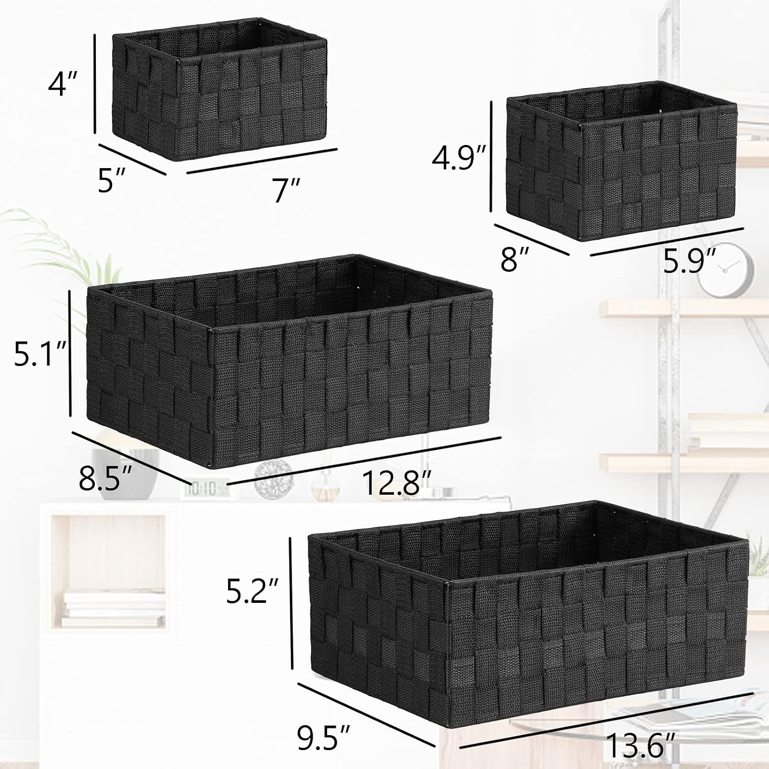 Woven Storage Baskets for Organizing / Black / Set of 6
