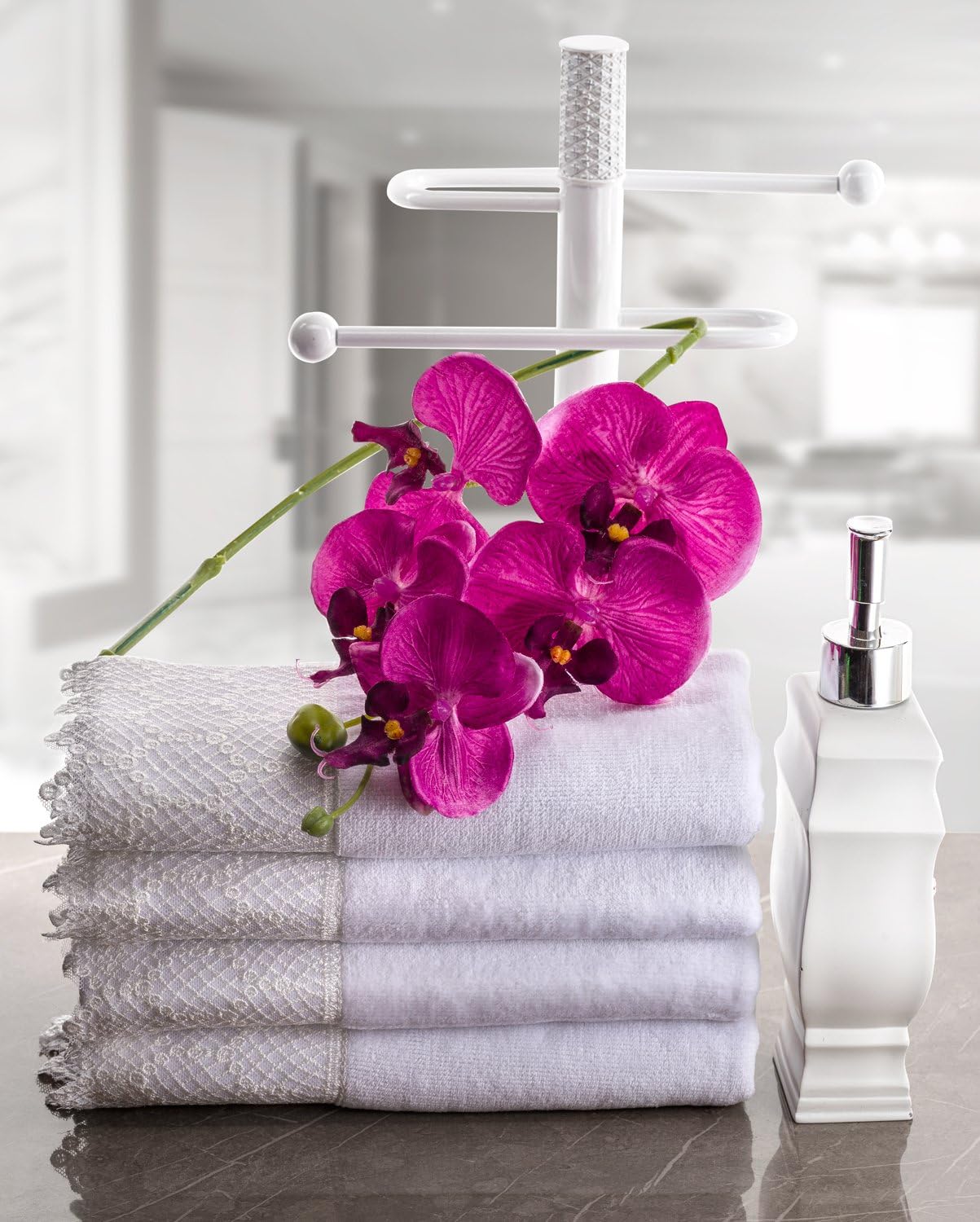 Creative Scents Fingertip Towels for Bathroom (11x18 inches) Towel Set of 4, Soft Velour Finish, Gorgeous Lace Trim