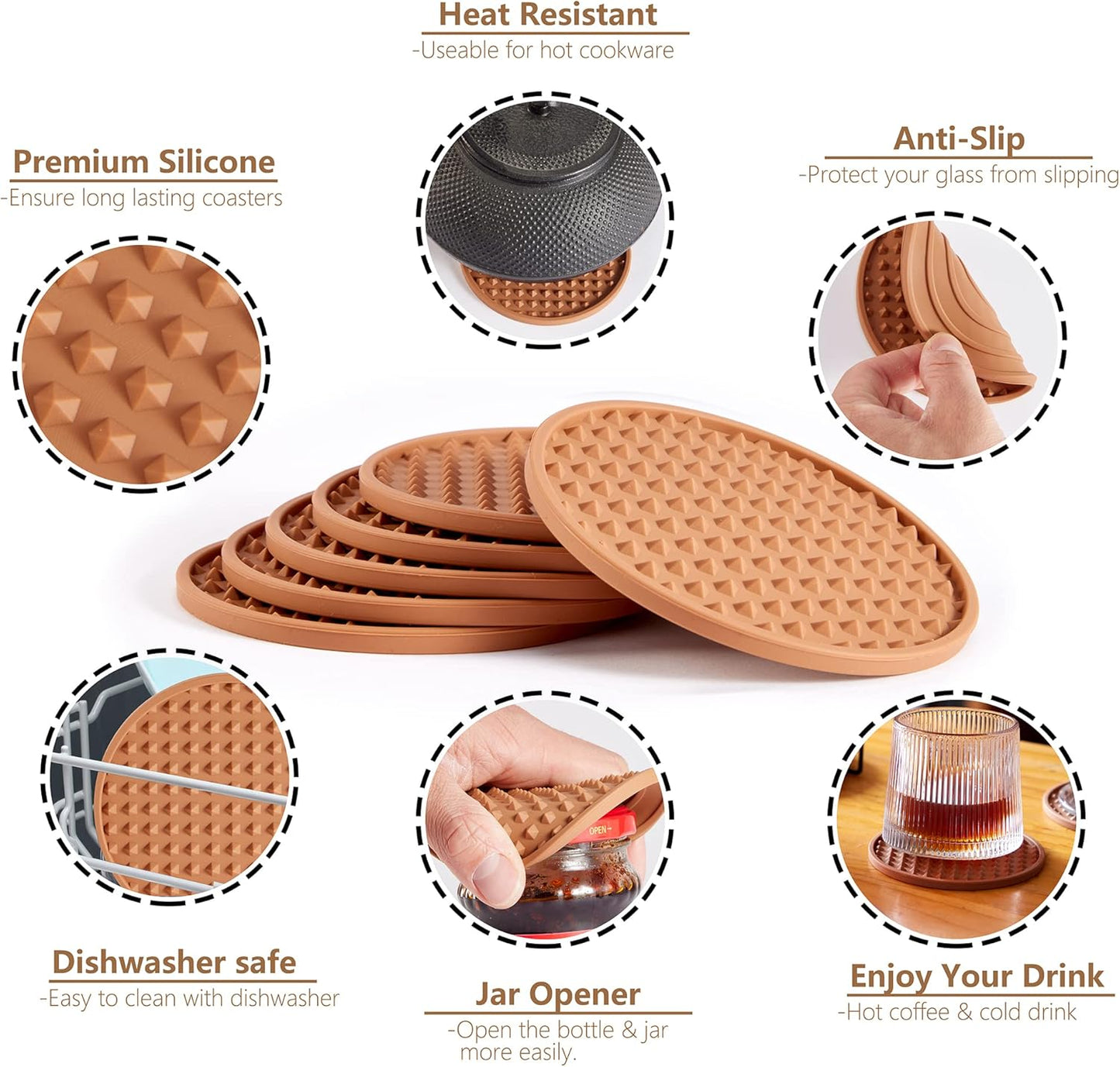 Holder / Coasters Tabletop Protection for Any Table Type / Brown with Holder / Silicone / Set of 6