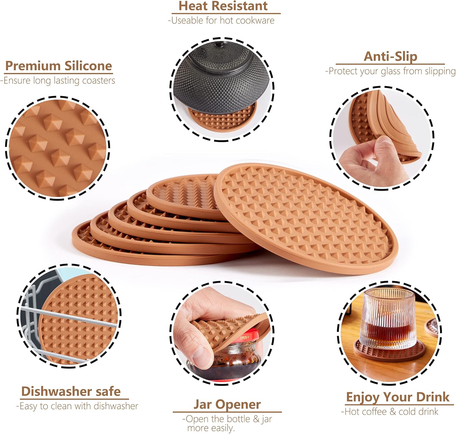 Holder / Coasters Tabletop Protection for Any Table Type / Brown with Holder / Silicone / Set of 6