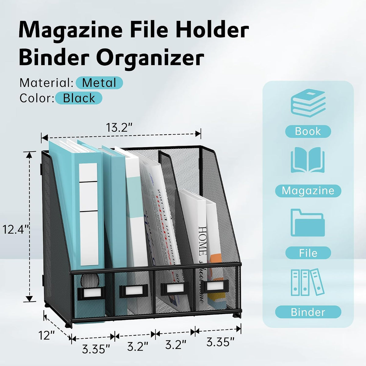 4-Compartment Magazine File Holder and File Organizer for Desk, Black | Metal Magazine Holder and Magazine File Holder