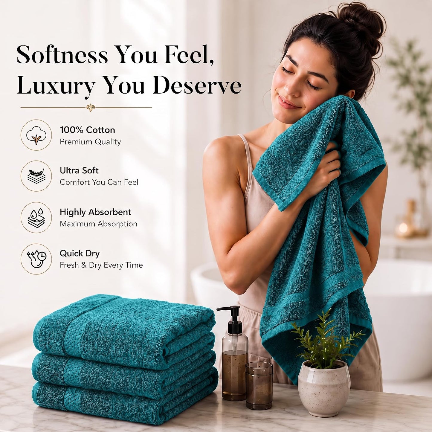 DAN RIVER 600 GSM Cotton Large Bath Towels Set of 4, 27 x 54 Inches, Teal | Larger & Lighter Weight Towels for Bathroom