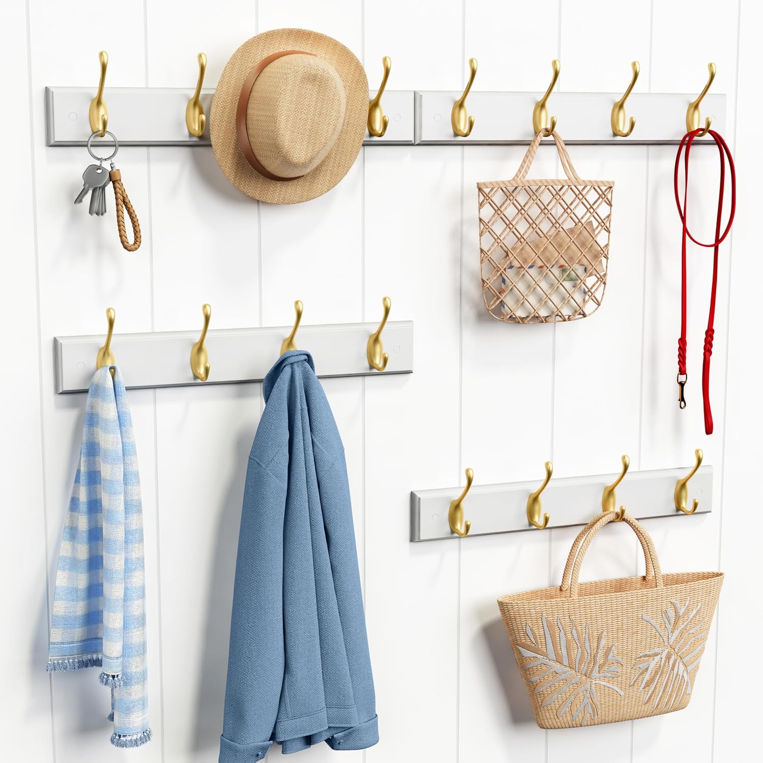 Forbena Gold Coat Rack Wall Mount, Decorative Coat Hooks for Wall, Heavy Duty Coat Hanger Key Holder for Hanging Hats