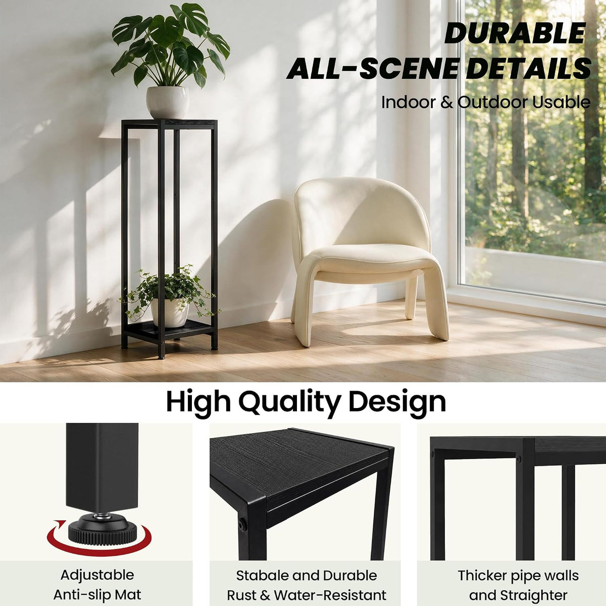 TOSKING 2-Tier Wide & Tall Plant Stand Indoor, Modern Metal Shelf, Black | 12"Lx12"Wx41"H, Heavy-Duty Design, Corner