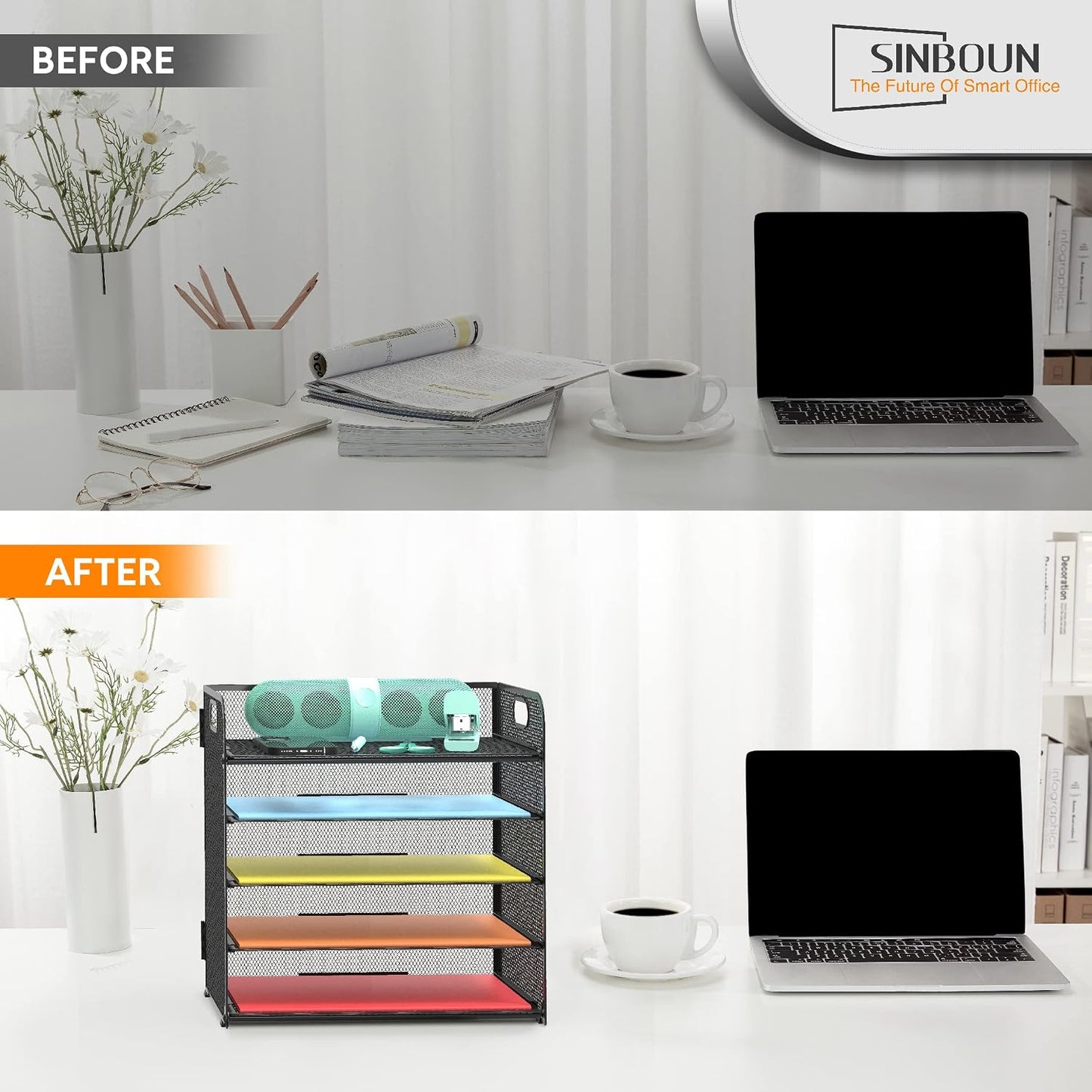 2 Pack Letter Tray 5-Tier Desk Organizer File Paper Holder with Handle, Metal Desktop Document Shelf Tray Office