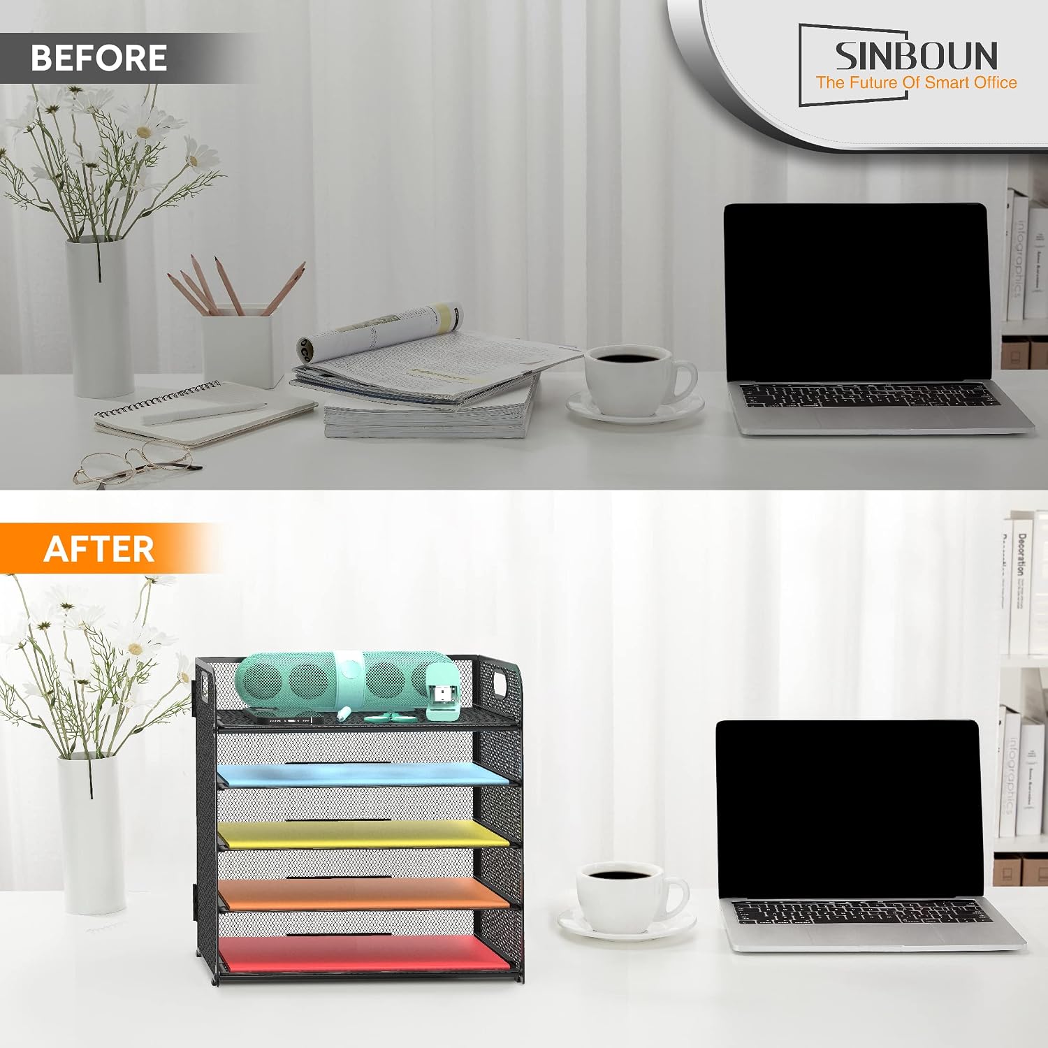 2 Pack Letter Tray 5-Tier Desk Organizer File Paper Holder with Handle, Metal Desktop Document Shelf Tray Office