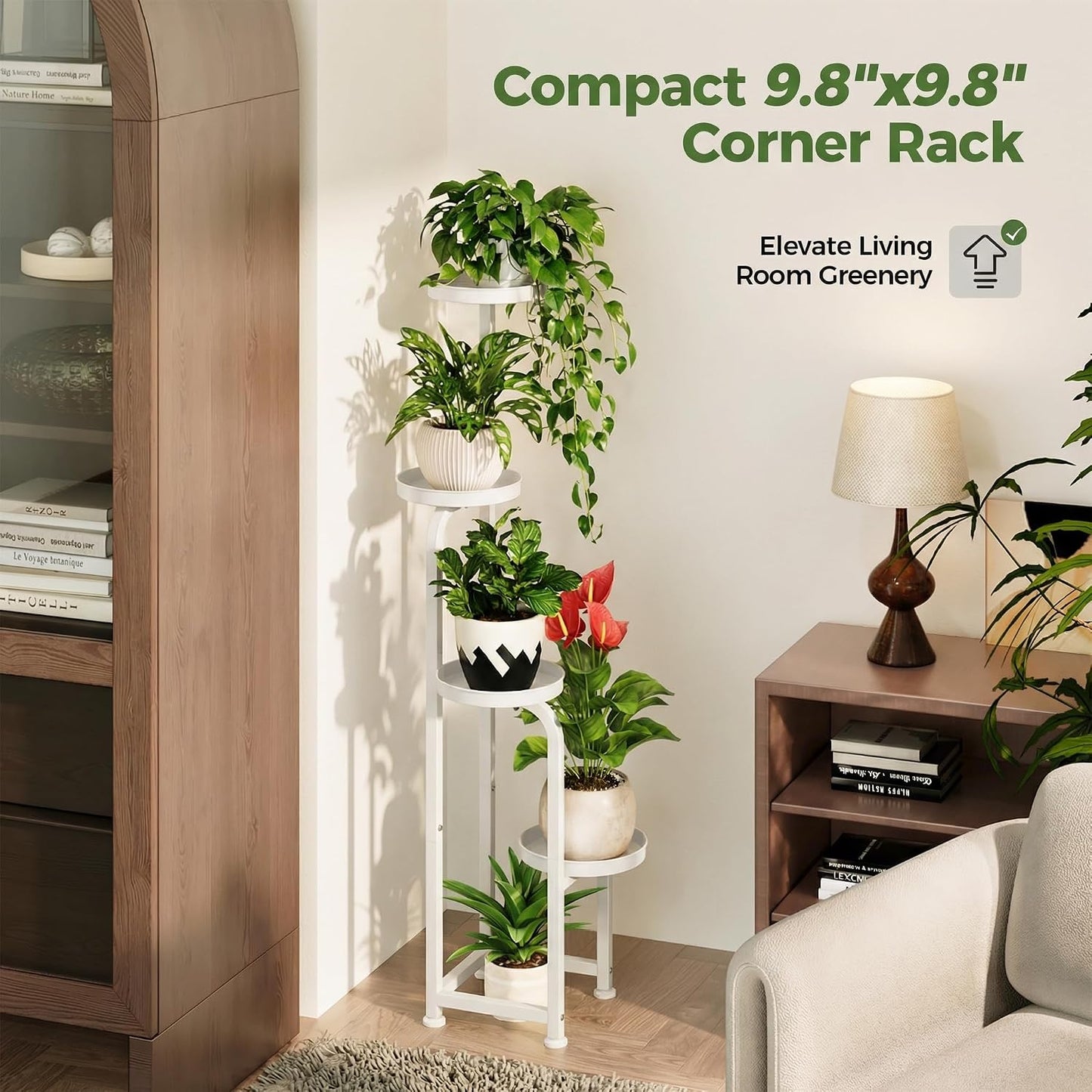 Bamworld Corner Plant Stand Indoor Outdoor Tall Metal Flower Pot Stands | 4 Tier White Heavy Duty Plant Shelf for