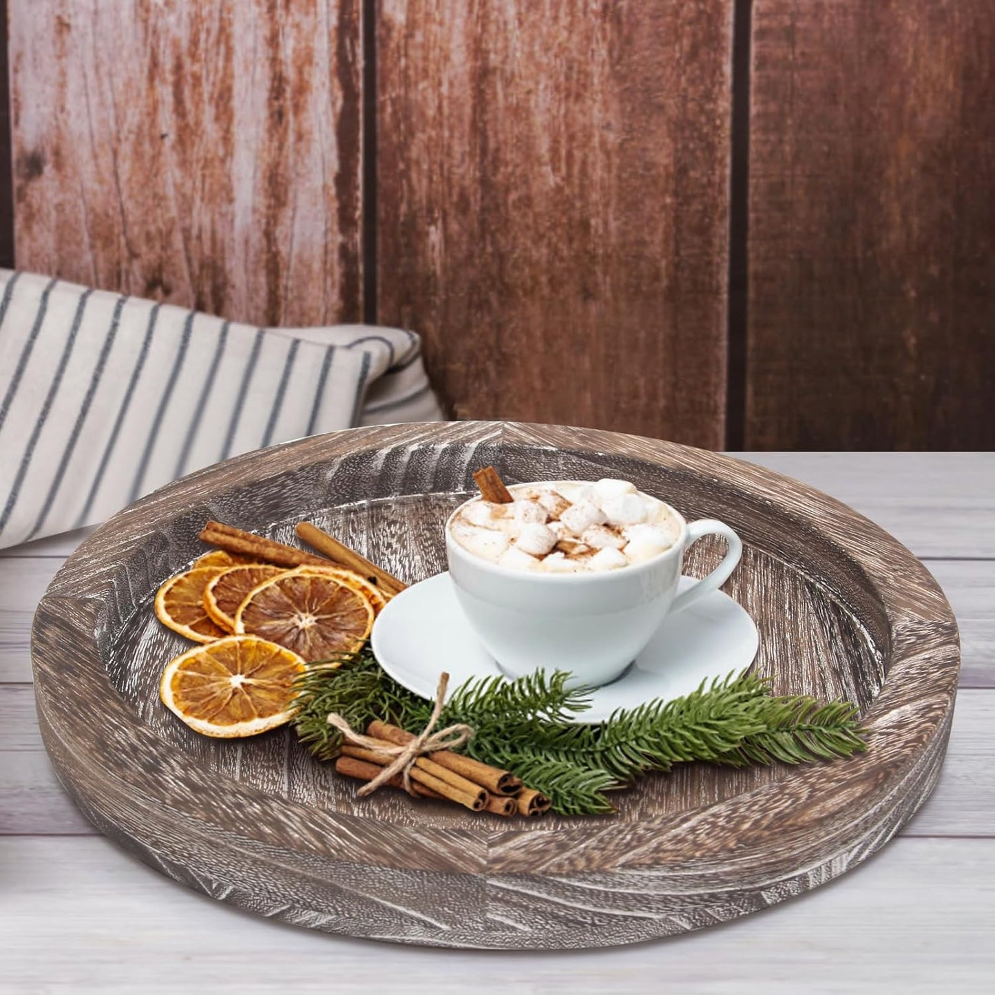 Round Decorative Wood Trays / Washedwhite / Set of 11