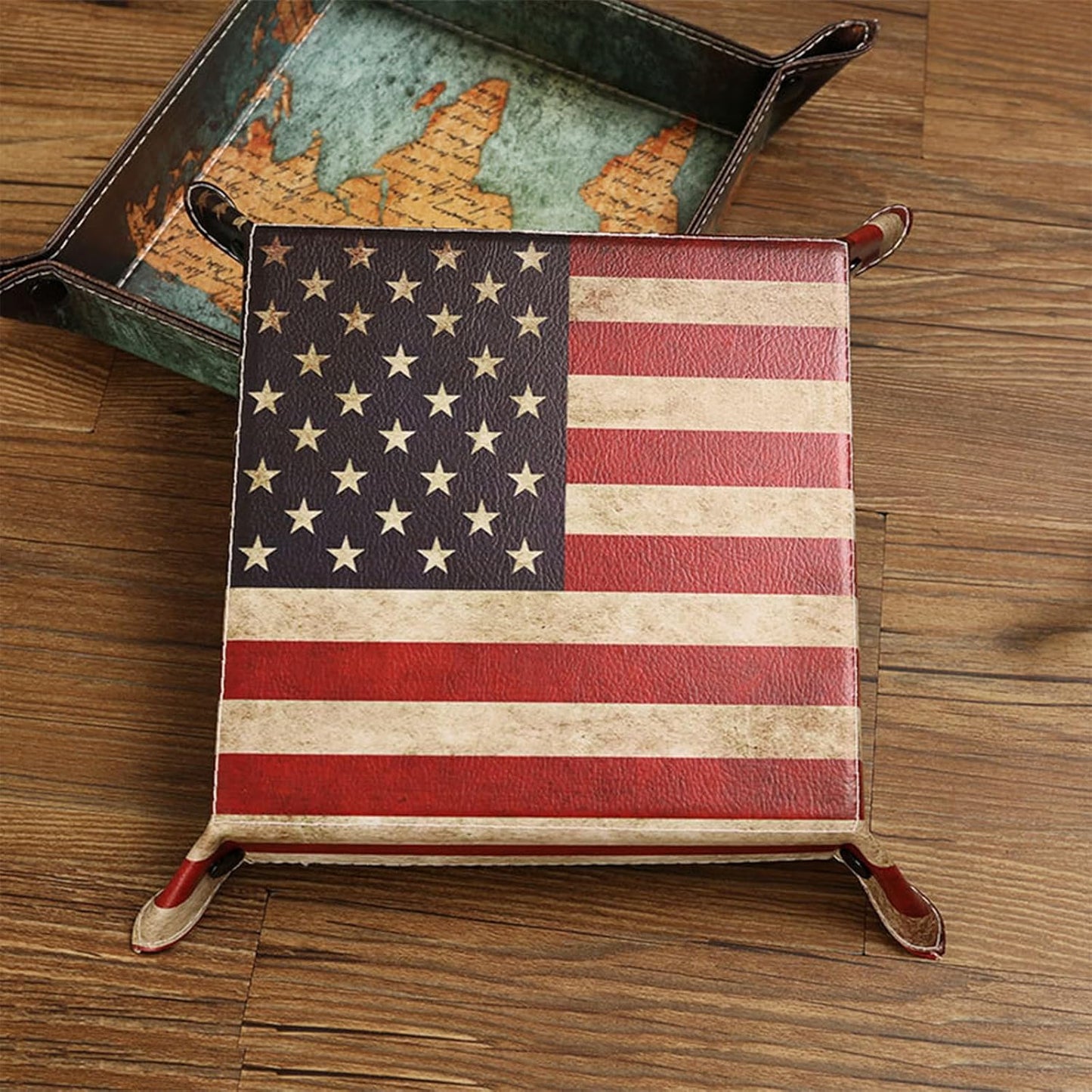 Vegan Leather Catchall Bedside Vanity Tray Nightstand Caddy Holder for Remote / Map Design