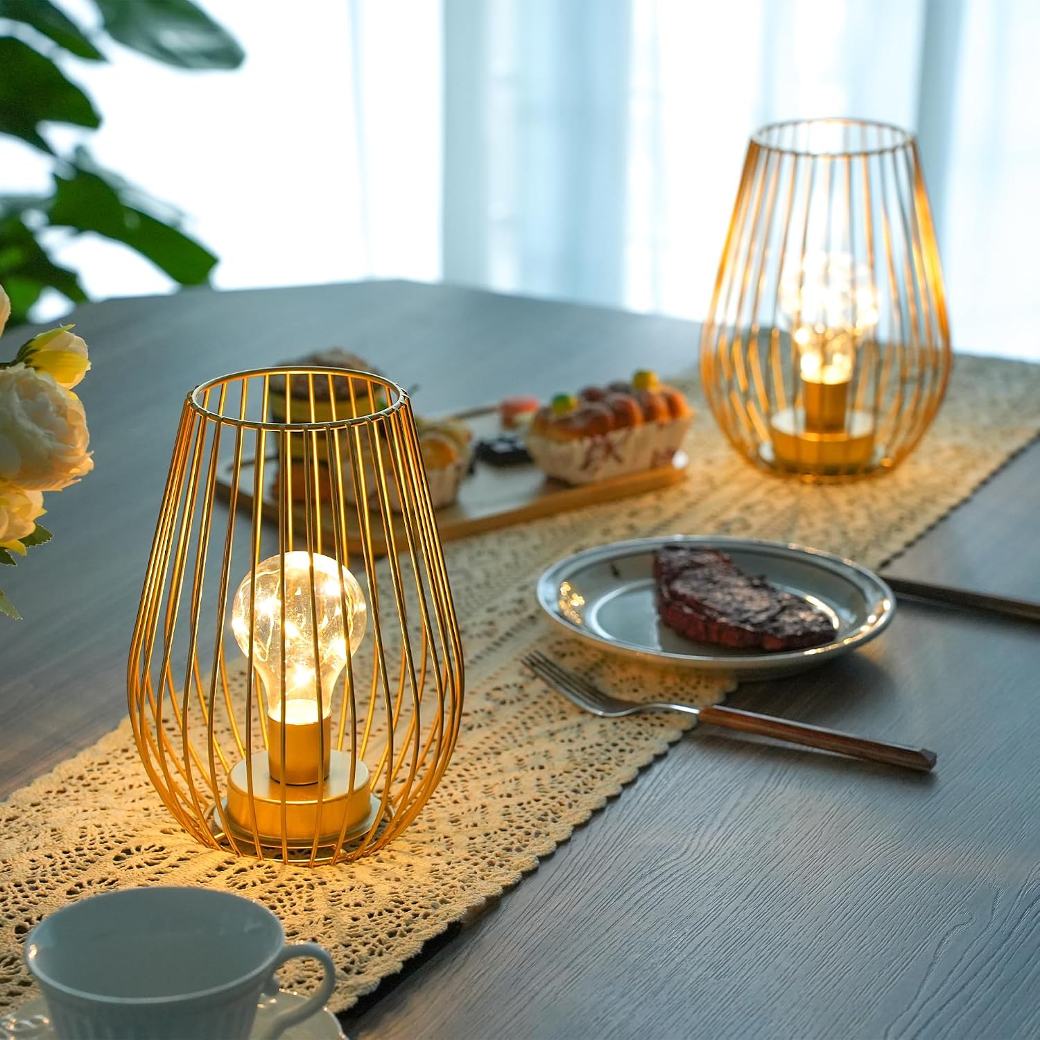 TRIROCKS Metal Cordless Table Lamp - 8'' Tall Set of 2 Cage Shape Battery Operated Lamp with Fairy Lights Bulb for