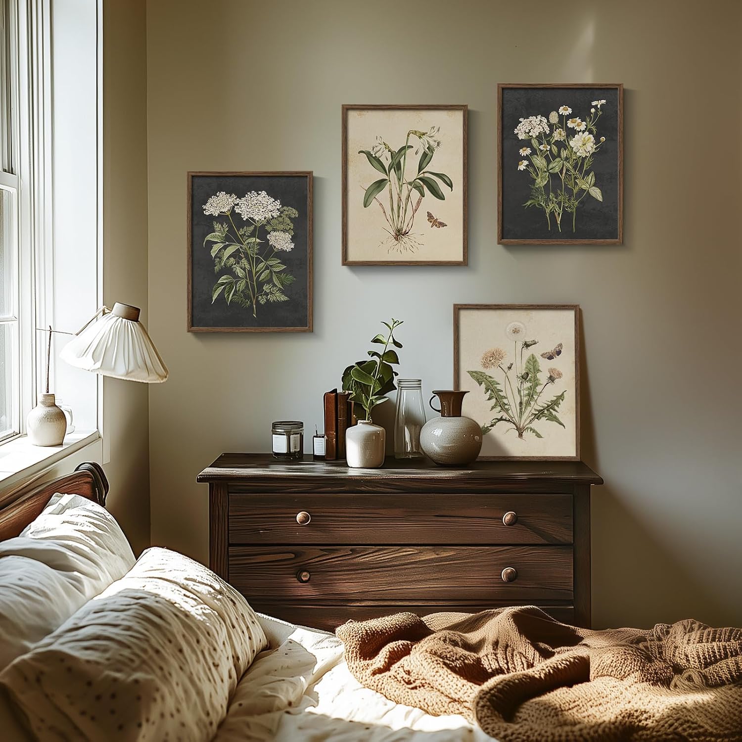 Neutral Flower / 11" W x 14" H x / Vintage - Walnut Framed / Set of 4