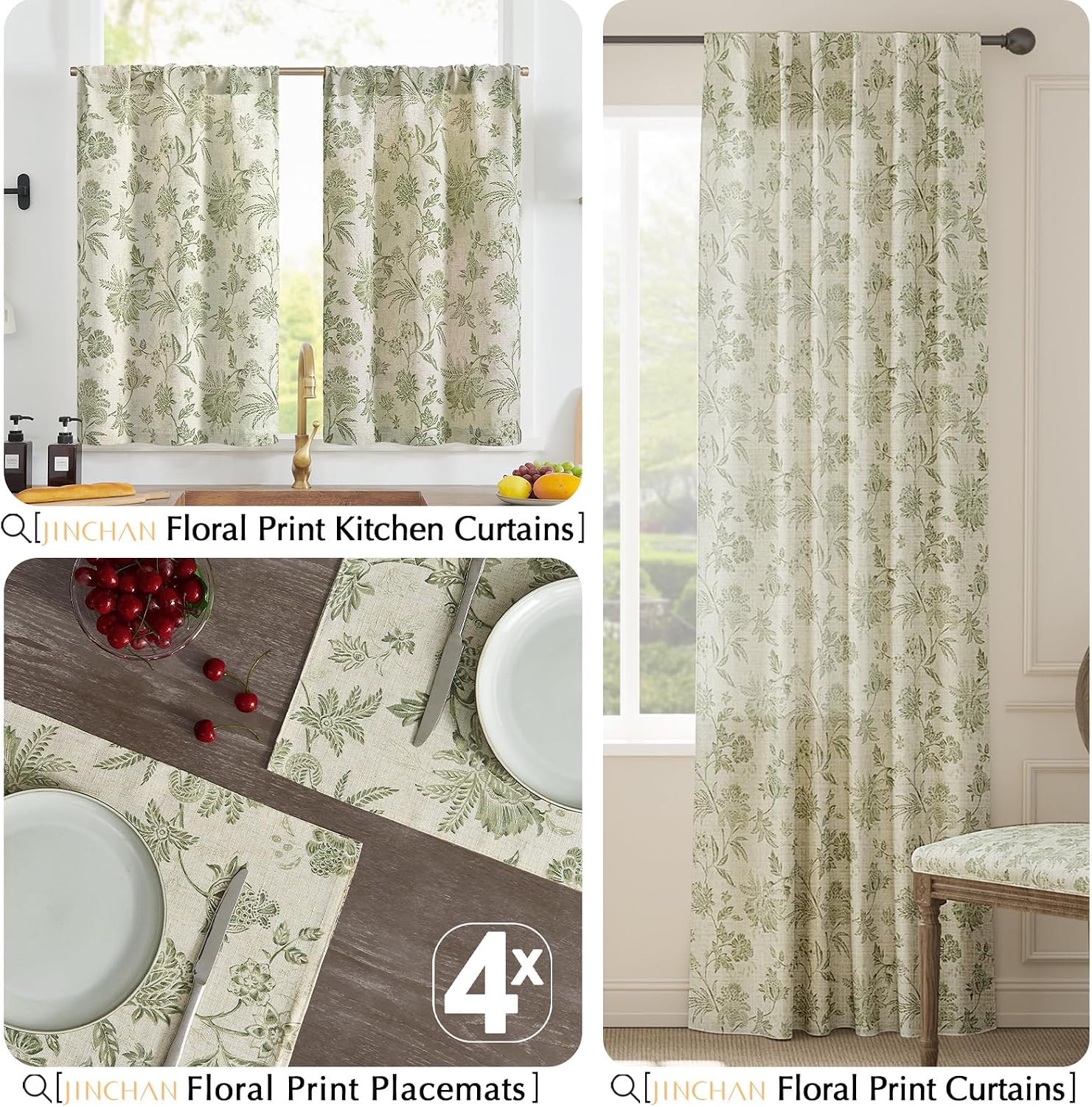 JINCHAN Sliva Linen Floral Placemats Set of 4 Farmhouse 13x19 Sage Green | Fabric Placemats, Cottage Style, Painterly