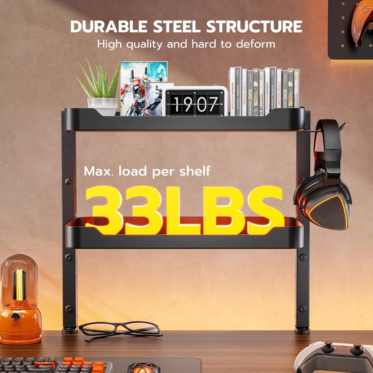 ARES WING 2-Tier 16 inch Clamp On Desk Shelf, Above or Under Desk Storage | Adjustable Desktop Organizer Shlef Holds 66