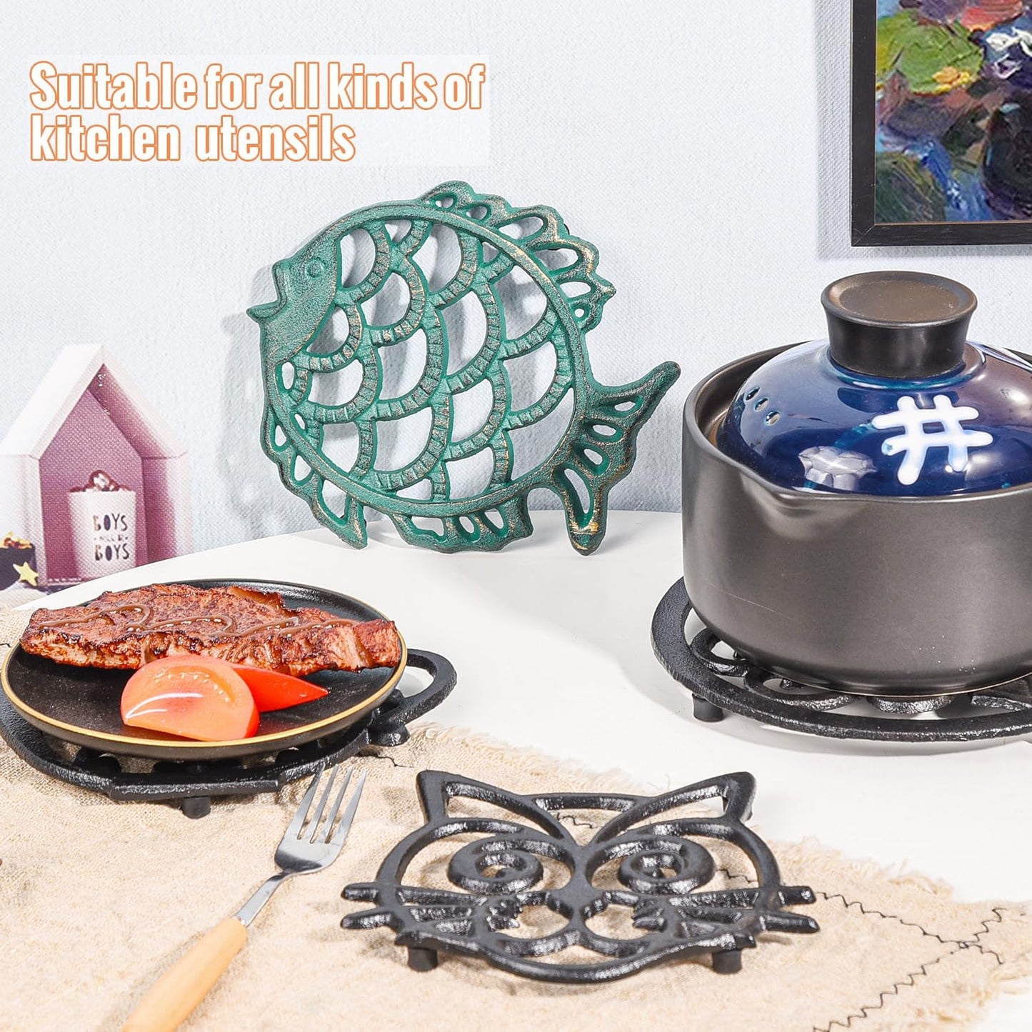 Sungmor Cast Iron Cute Fish Trivet for Wood Stove - Dia-7.5 Inch Dark Green Finish - Rustproof Round Stands for Hot
