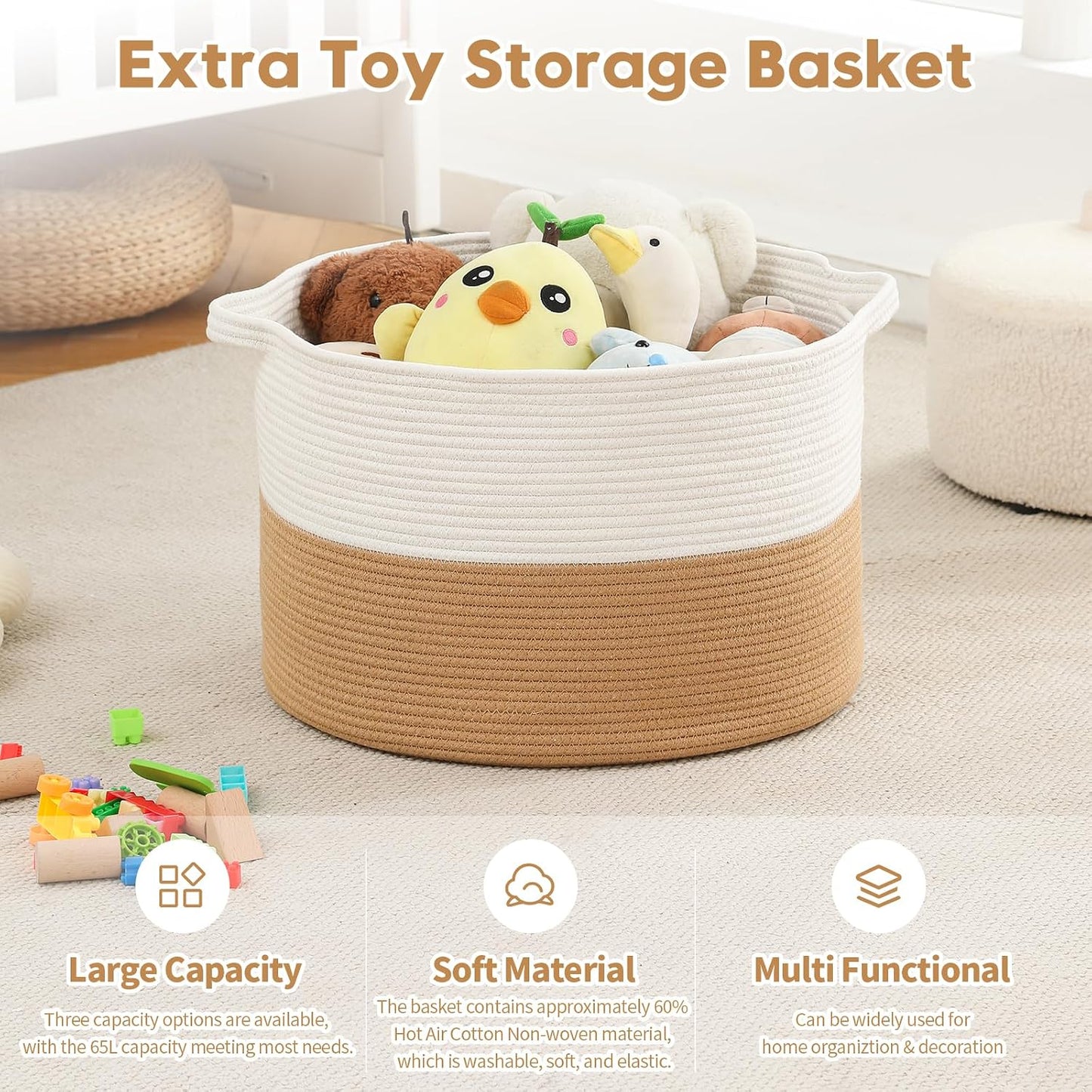 Collapsible Handle Cotton Rope Soft Woven Fabric Storage Organizer Clothes / White & Camel / 65L