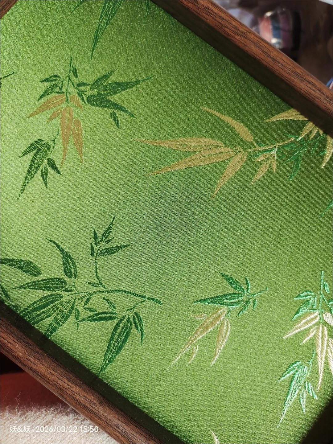 Bamboo Embroidered Decorative Tray Wooden Catchall Tray for Dresser / Green
